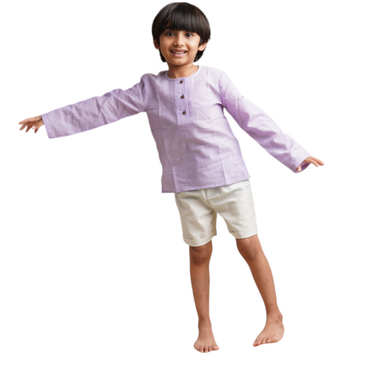 Earthy Wanderer' - Boys' Set with Full Sleeve Button-down Shirt and Shorts
