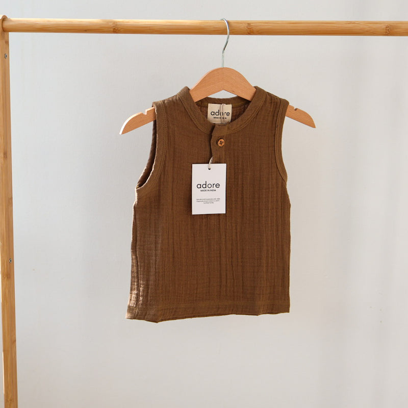 Cocoa Delight Organic Muslin Cotton Sleeveless Tshirt and Shorts
